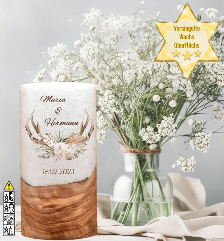 "Jäger" Hochzeitskerze mit Holzelement 20 cm hoch "Jäger" Hochzeitskerze mit Holzelement 20 cm hoch