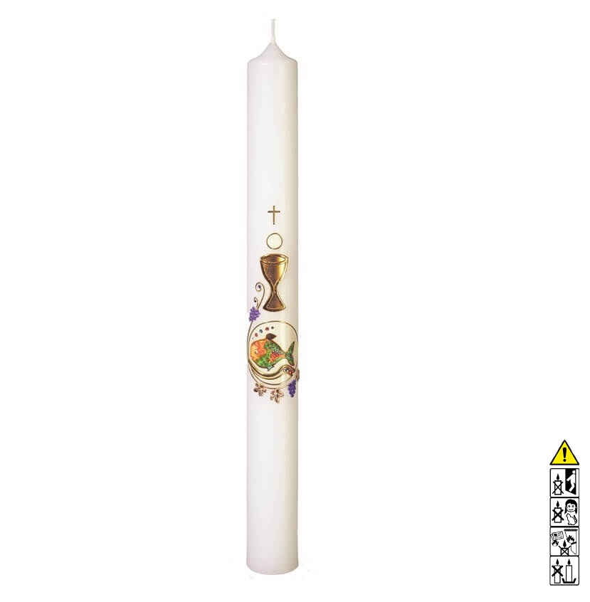 Kommunionkerze / Konfirmationskerze Kelch Kreuz Fisch bunt 400 x 40 mm Kommunionkerze und Konfirmationkerze kaufen mit Motiv. Kelch Kreuz Fisch bunt 400 x 40 mm