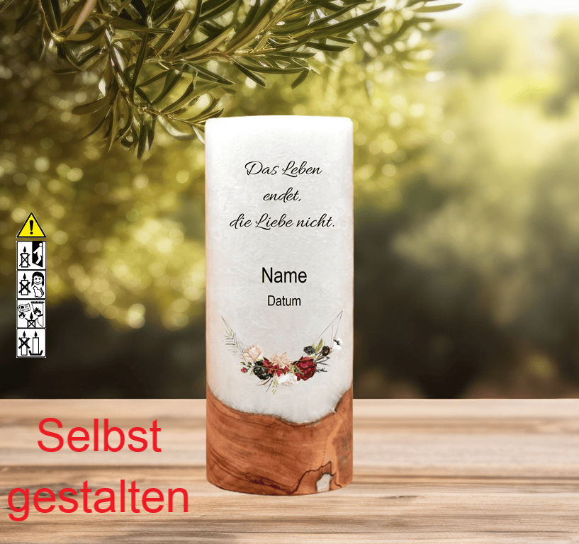 Gedenkkerze mit Holz 8x20cm "Das Leben endet, die Liebe nicht" Gedenkkerze mit Holz 8x20cm "Das Leben endet, die Liebe nicht"