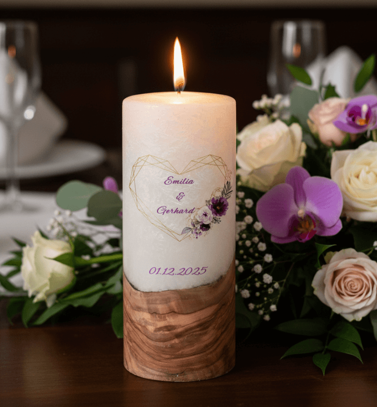 "Herz in Lila" 25 cm Hochzeitskerze mit Holzelement