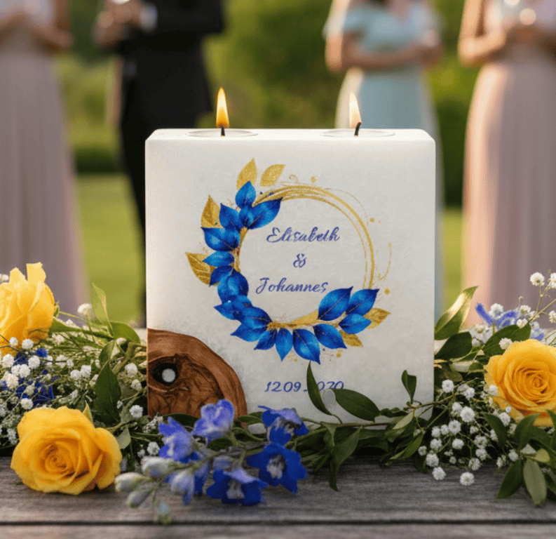 Hochzeitskerze "Eukalyptus Blau" mit 1 Holzelement und 2 Teelichter 20 x 20 cm