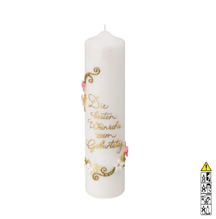 Geburtstagskerze Die besten Wünsche zum Geburtstag goldene Schrift mit Ornament Hochwertige Kerze zum Geburtstag kaufen Die besten Wünsche zum Geburtstag goldene Schrift mit Ornament 250 x 60 mm
