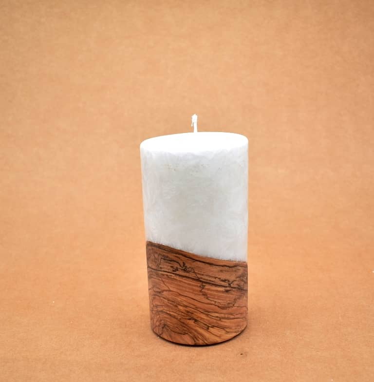 Kerze mit Holz Unikat Rund 80 x 150 mm mit Docht Nr.: 8
