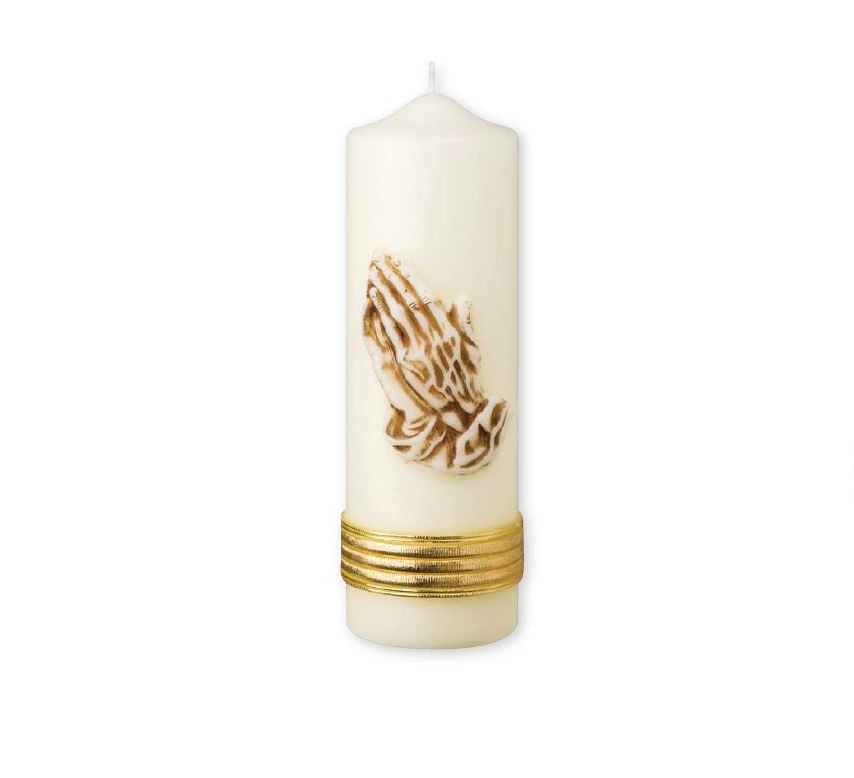 Eine hochwertige Kerze für die Trauer und zum Gedenken Betende Hände mit goldenen Ring Rundkerze 250 x 80 mm