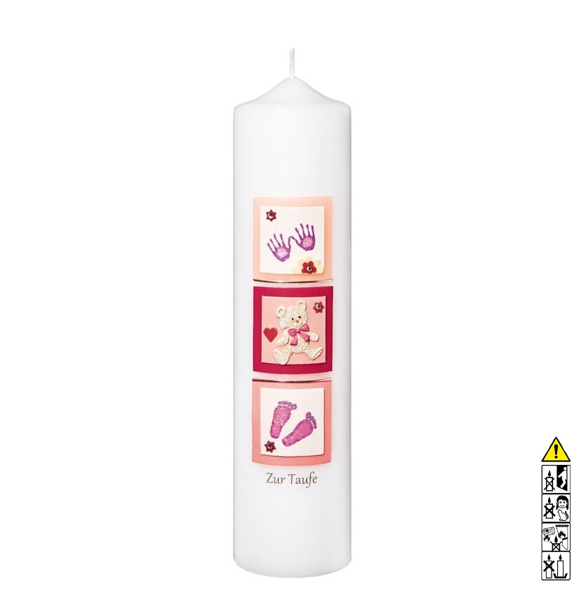 Taufkerze kaufen mit Motiv Hände Bär Füße rosa 250 x 60 mm