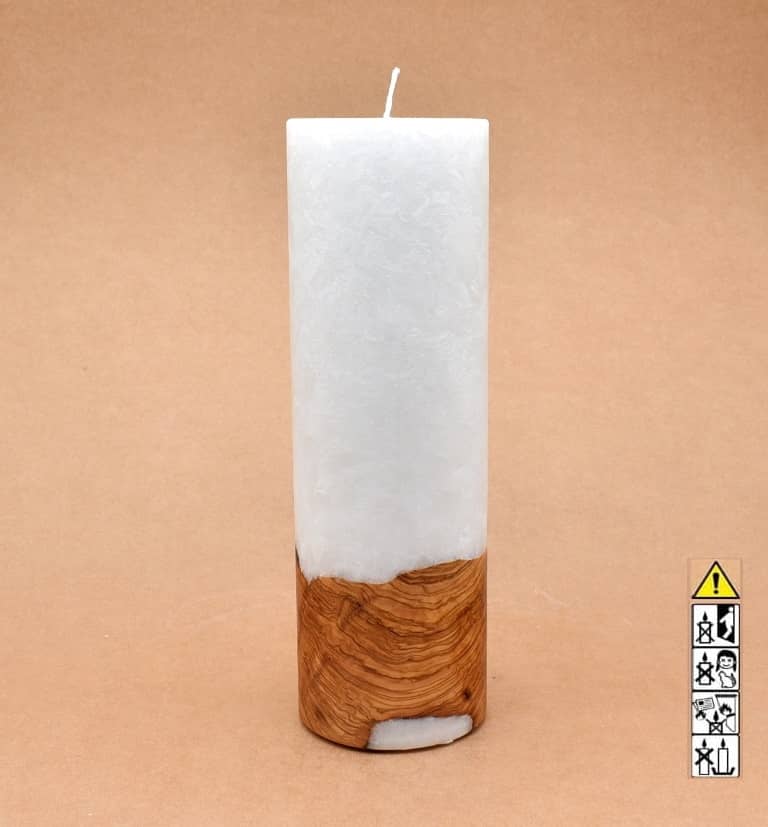 Kerze 80x250mm mit Holzelement, Individuelle, persönliche Hochzeitskerze  Holzkerze, Rund Stearinoptik, Hochzeitskerze mit Teelicht im Kerzen online Shop für Hochzeiten bestellen, günstig kaufen.