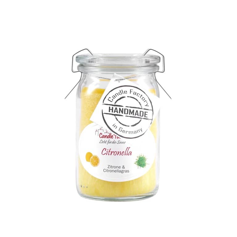 Hochwertige Citronella Baby Mini Jumbo Duftkerze im Glas in der Farbe gelb.