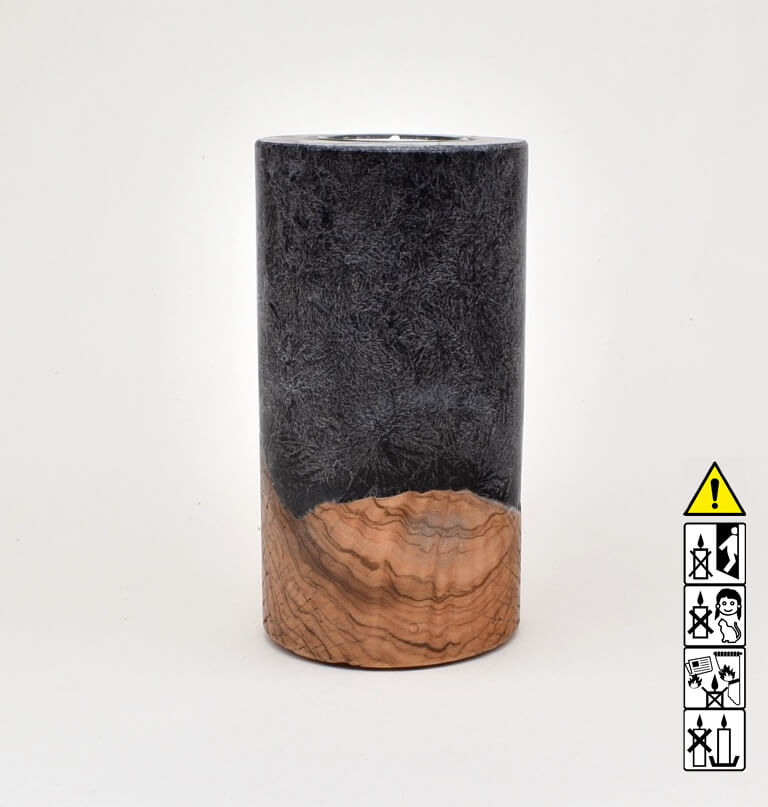 Kerze mit Holz Unikat Rund 80 x 150 mm mit Teelicht in schwarz