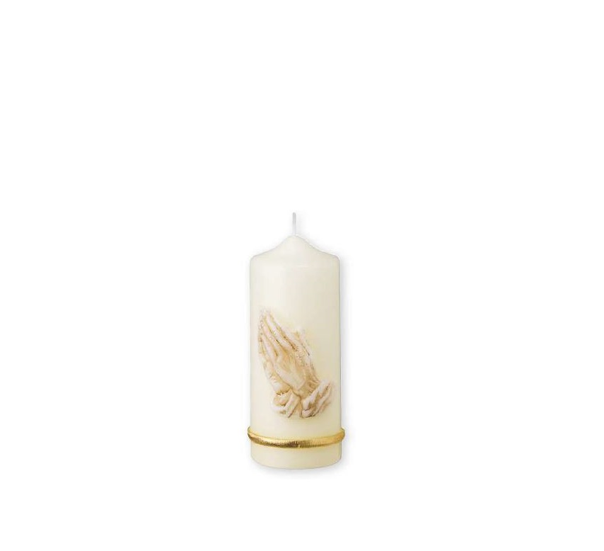 Eine hochwertige Kerze für die Trauer und zum Gedenken Betende Hände mit goldenen Ring Rundkerze 150 x 60 mm