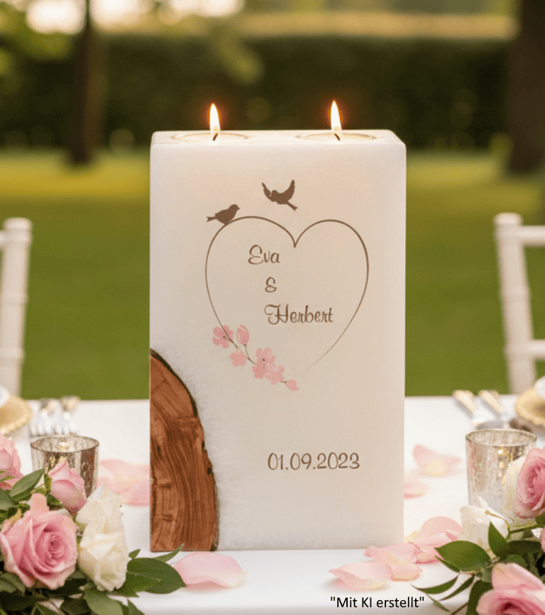 "Vogelpaar im Herz" Hochzeitskerze mit Holz und 2 Teelichter 14 x 21 cm