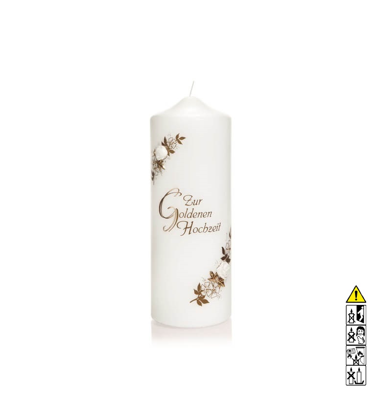 Individuelle Hochzeitskerze kaufen "Zur Goldenen Hochzeit" in gold 220 x 80 mm in weiss
