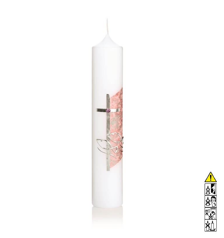 Taufkerze Mädchen Kreuz Fische Verzierung in rosa silber Hochwertige Taufkerze Mädchen Kreuz Fische Verzierung in rosa silber 265 x 50 mm