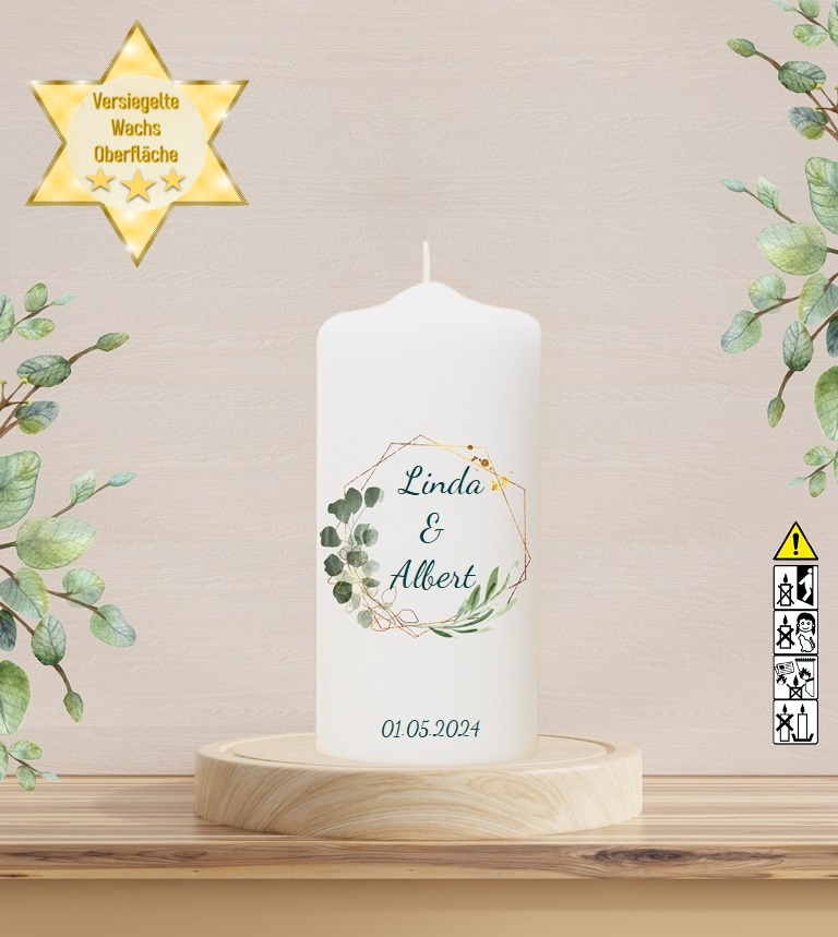 Personalisierte Hochzeitskerze "Oliven und Eukalyptus" 20 cm Personalisierte Hochzeitskerze "Oliven und Eukalyptus" 20 cm