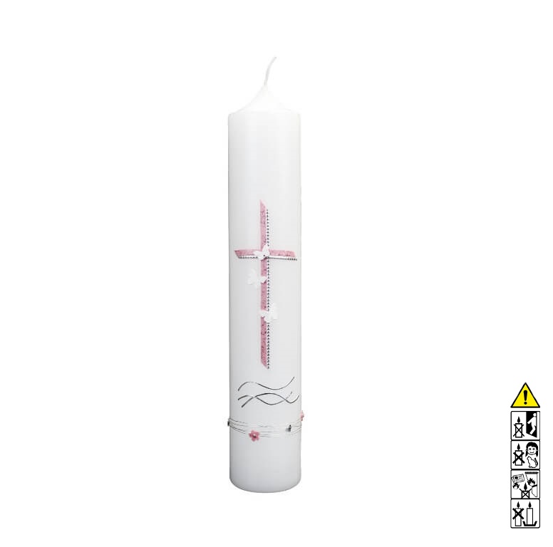 Hochwertige Taufkerze Mädchen Kreuz Taube Welle und Ranken in rosa silber 265 x 50 mm