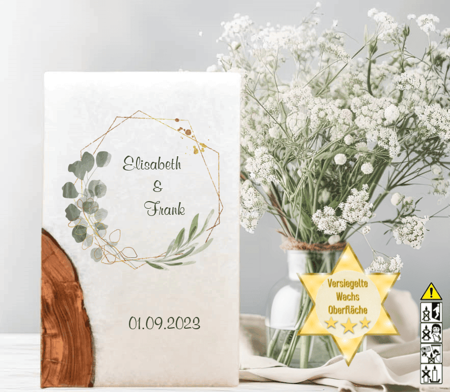 Hochzeitskerze mit Holzelement. Motiv: Olivenkranz günstig in unserem Onlineshop kaufen. Personalisierte Hochzeitskerze online kaufen