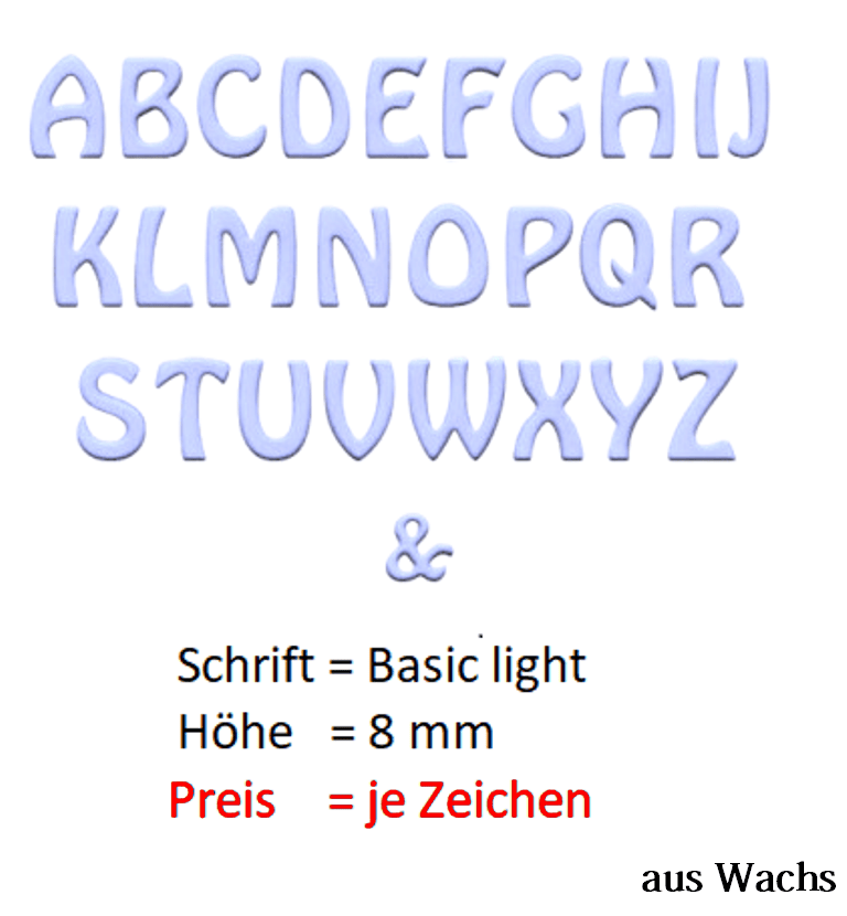 Buchstabe groß (Preis je Buchstabe) Echtwachs in Hellblau "Basic-light" in 8 mm.