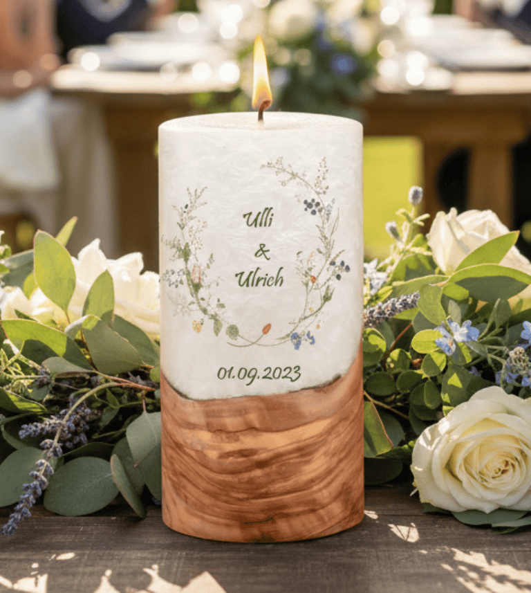 "Wiesenblumen" Hochzeitskerze mit Holzelement 20 cm hoch