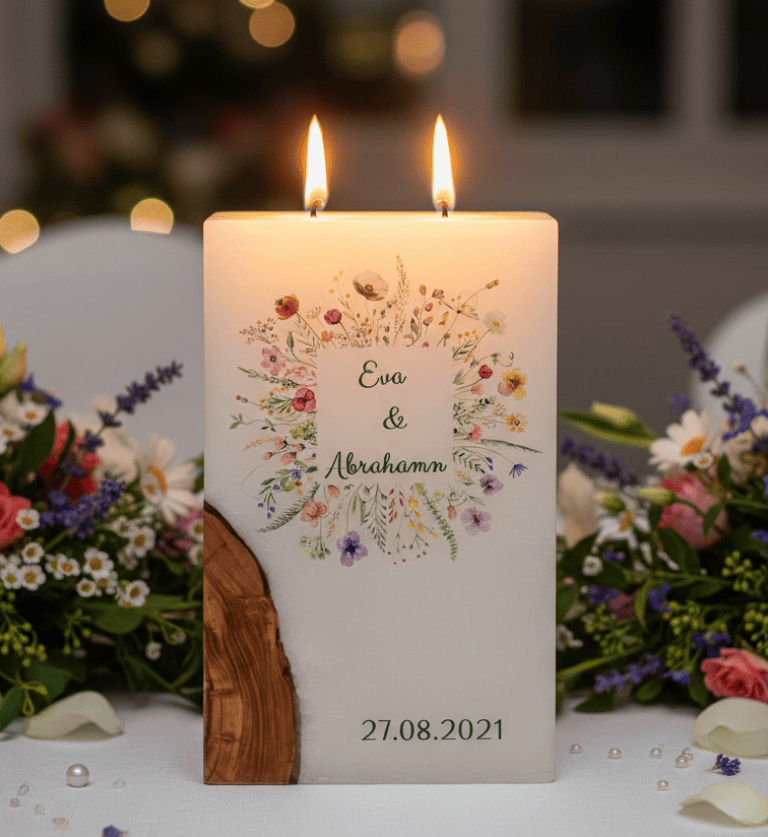 "Blumen Rahmen" Hochzeitskerze mit Holz und 2 Teelichter 14 x 21 cm