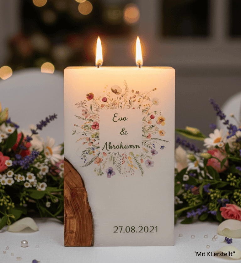 "Blumen Rahmen" Hochzeitskerze mit Holz und 2 Teelichter 14 x 21 cm