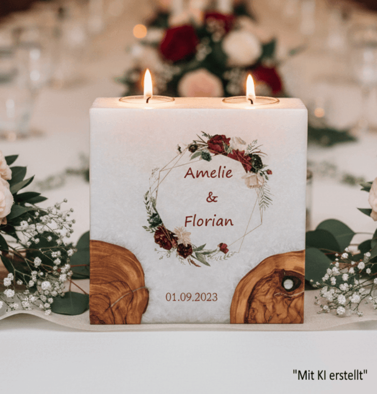 Hochzeitskerze Rosenkranz mit 2 Holzelementen und 2 Teelichter 20 x 20 cm