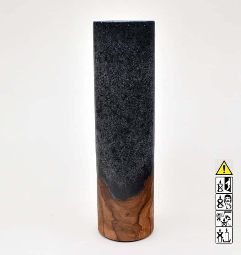 Kerze mit Holz Unikat Rund 70 x 250 mm mit Teelicht in schwarz