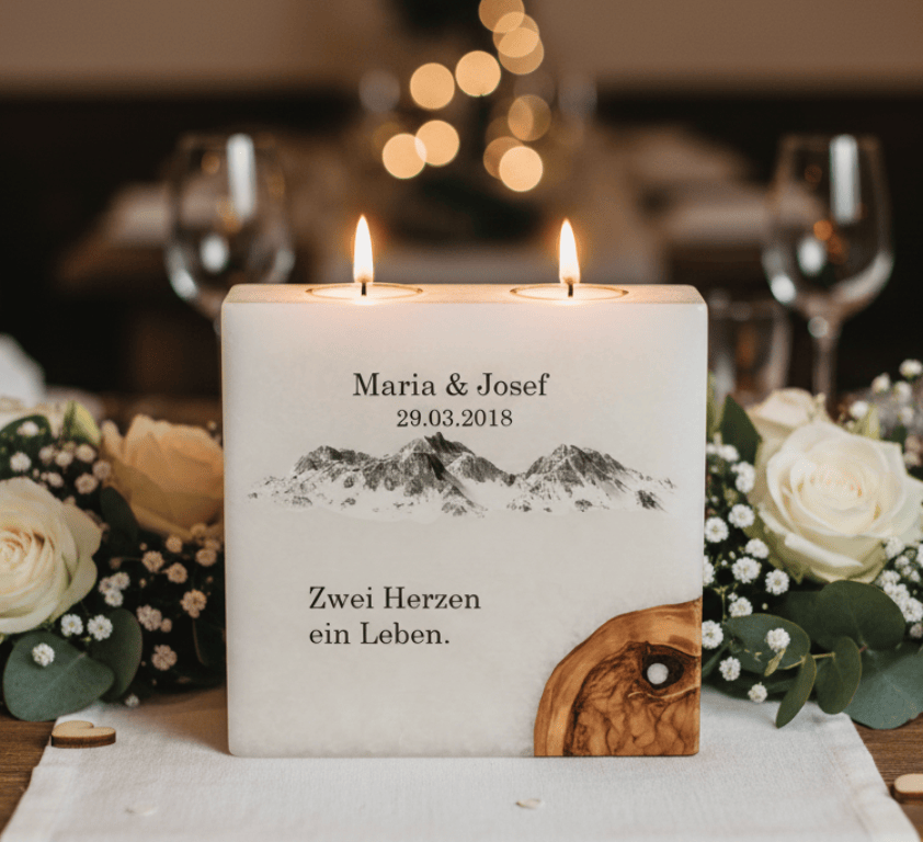 "Berge" Hochzeitskerze mit 1 Holzelement und 2 Teelichter 20 x 20 cm