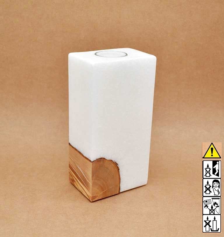 Kerze mit Holz Quader Stearin Teelicht Kerze mit Holzeinsatz mit einem Teelicht ,Quader groß, 70x100x200mm unikat