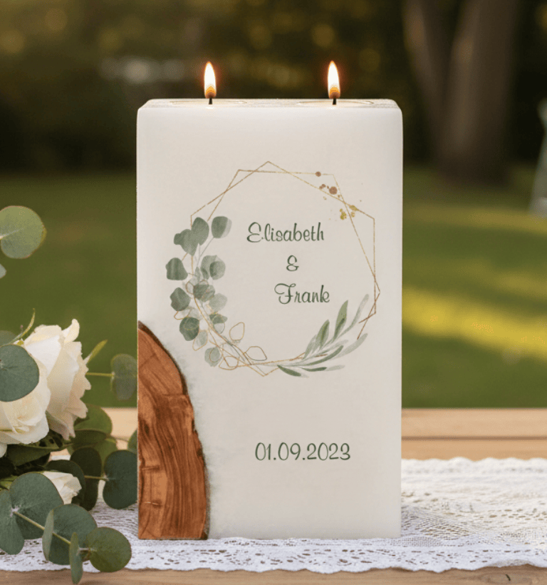 "Eukalyptus und Oliven" Hochzeitskerze mit Holz und 2 Teelichter 14 x 21 cm