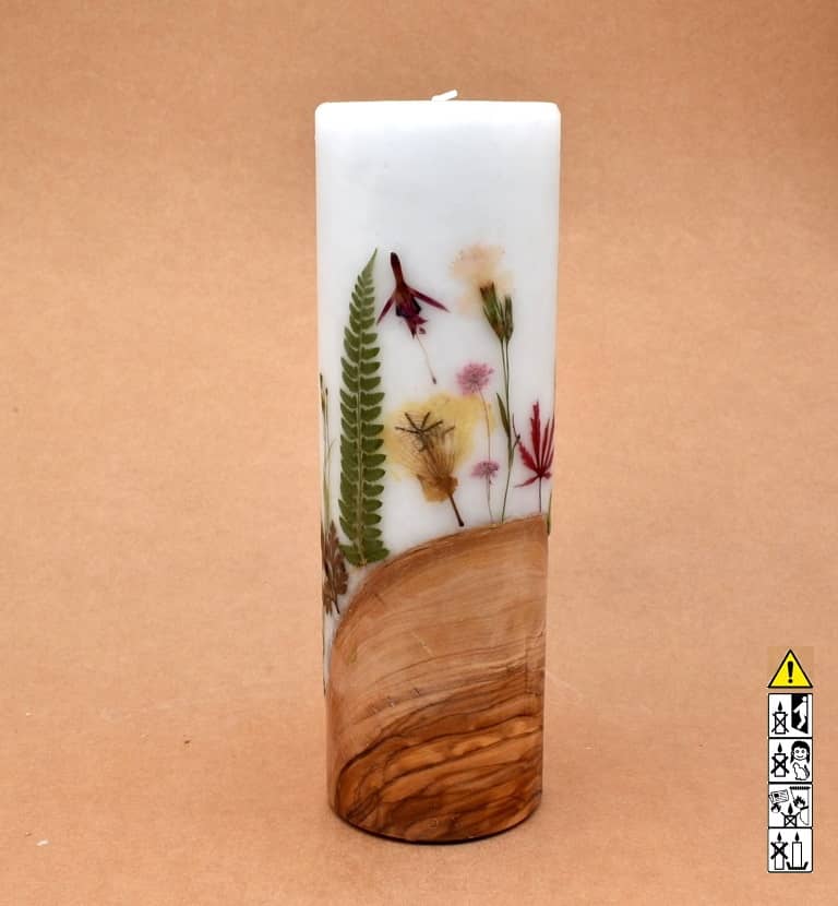 Blumendekor handgefertigt Stumpen Ø 80 x 250 mm mit Holz und Teelicht