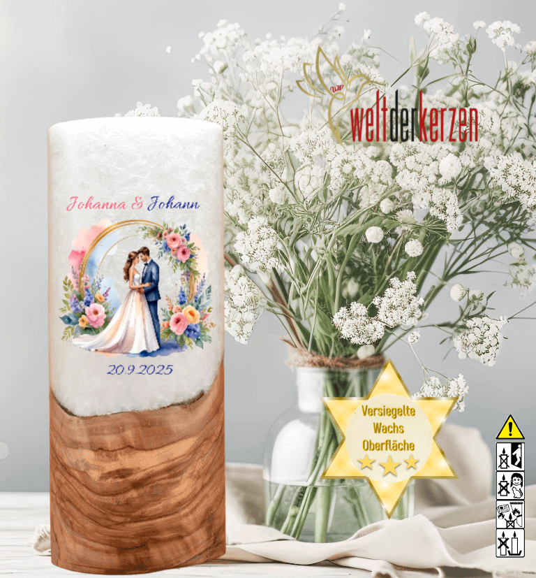 "Brautpaar im Rosenbogen" Hochzeitskerze mit Holzelement 25 cm hoch