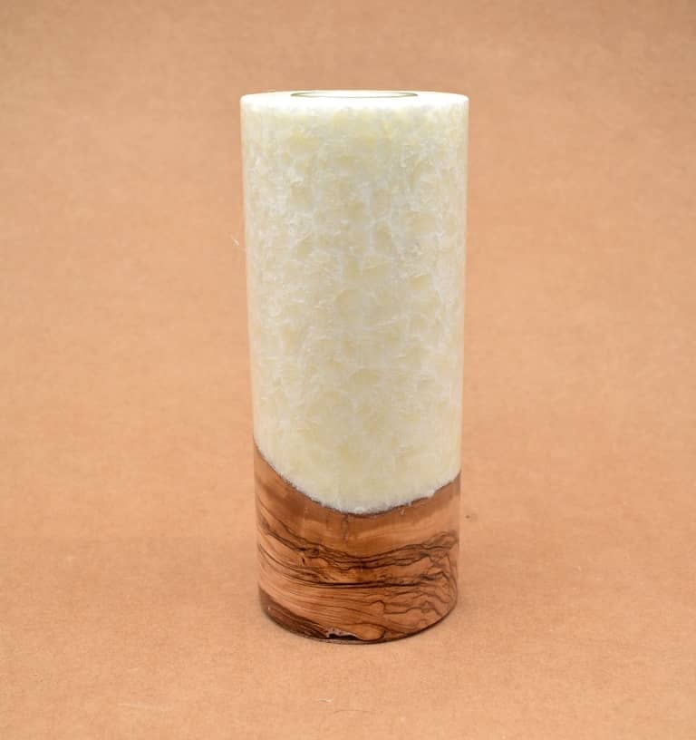 Kerze mit Holz Unikat Rund 80 x 200 mm mit Teelicht in champagner Nr.: 1
