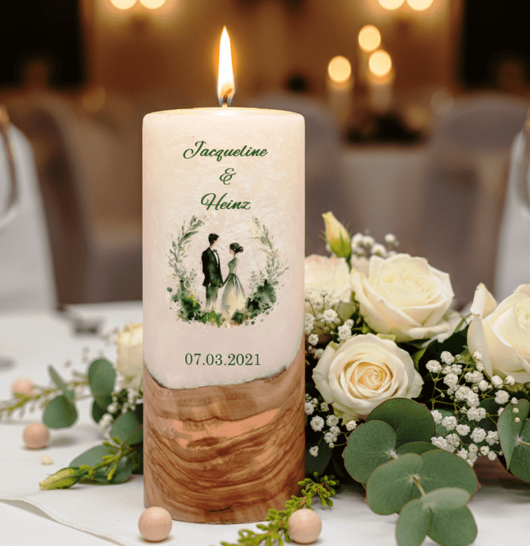 "Brautpaar im Kranz" 25 cm Hochzeitskerze mit Holzelement