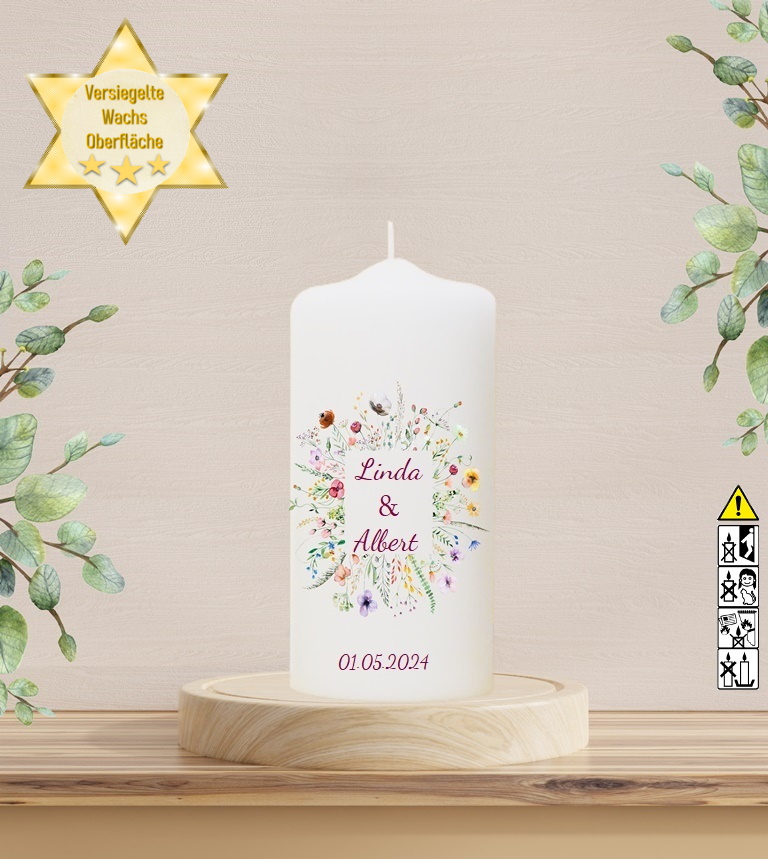 Personalisierte Hochzeitskerze "Blumenrahmen" 20 cm Personalisierte Hochzeitskerze "Blumenrahmen" 20 cm