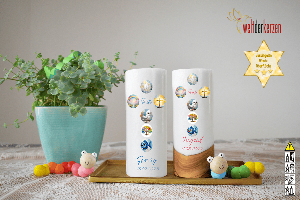 Taufkerze  Ø 8 cm "Kreuz mit Symbolen"