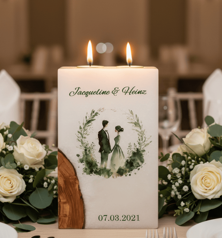 "Brautpaar im Kranz" Hochzeitskerze mit Holz und 2 Teelichter 14 x 21 cm