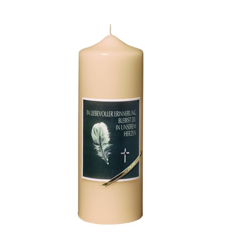 Eine edle Kerze für die Trauer und zum Gedenken champagner Bild mit Feder und Kreuz 200 x 70 mm