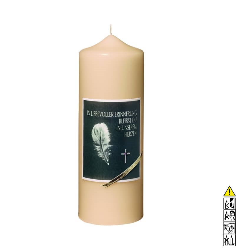 Gedenkkerze champagner Bild mit Feder und Kreuz 200 x 70 mm Eine edle Kerze für die Trauer und zum Gedenken champagner Bild mit Feder und Kreuz 200 x 70 mm