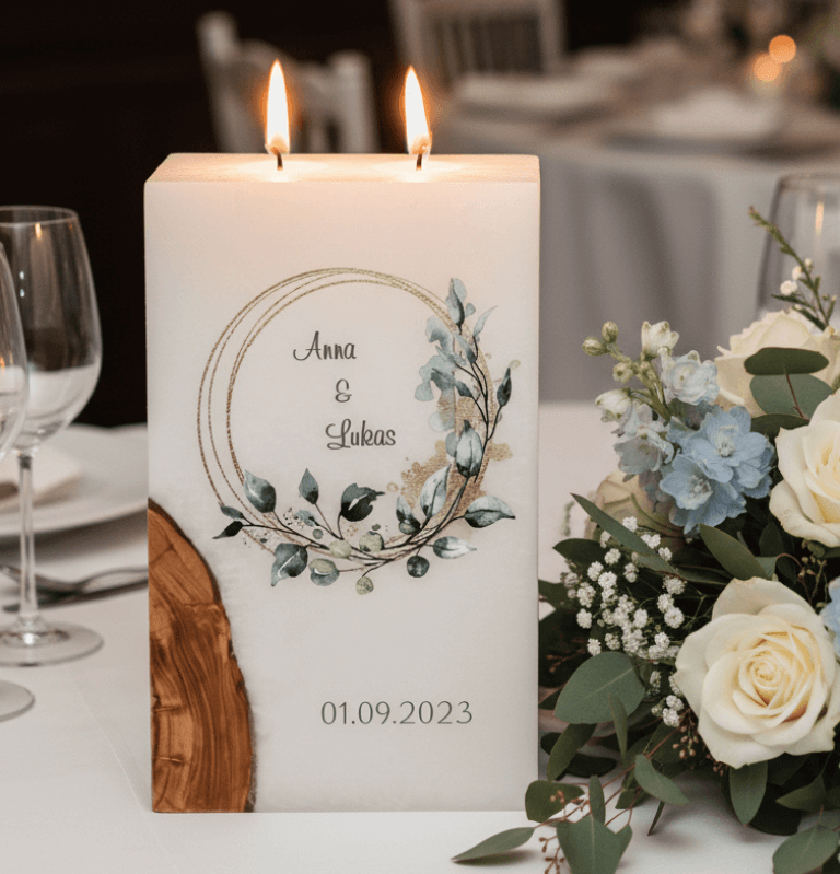 "Eukalyptus Ring gold" Hochzeitskerze mit Holz und 2 Teelichter 14 x 21 cm