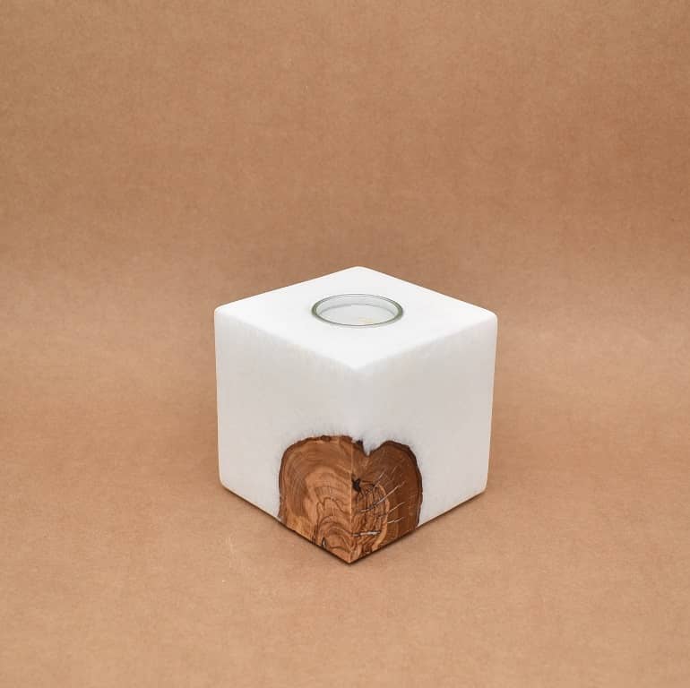 Kerze mit Holz Unikat Quader 100 x 100 x 100 mm 1 x Teelicht Nr: 4
