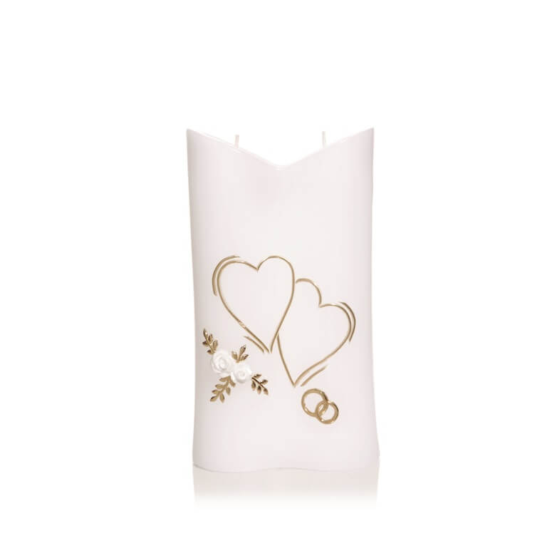 Individuelle Hochzeitskerze kaufen für die Trauung 2 Herzen in gold mit weißen Rosen 205 x 110 mm