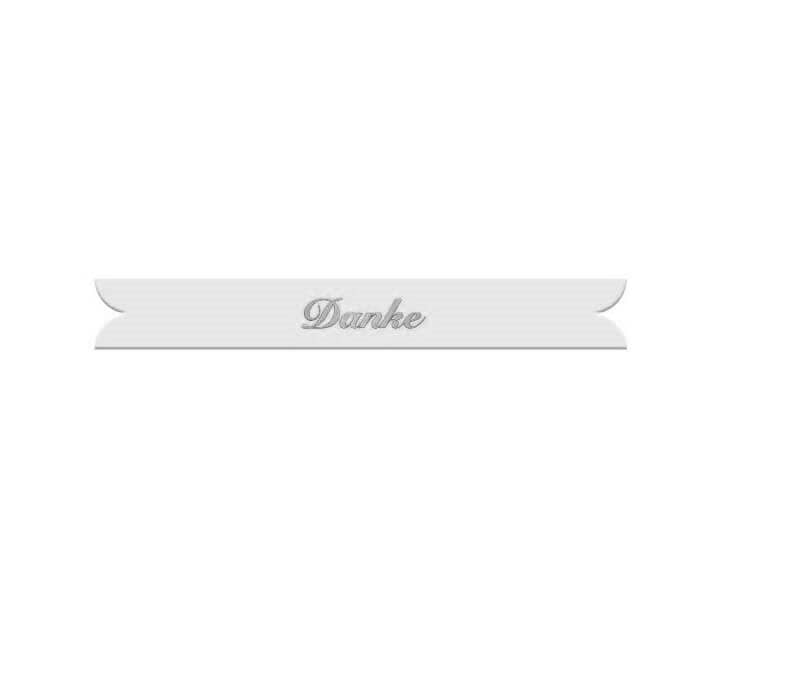 Verzierornament Schriftband Danke Silber auf Weiss 7 mm Band 11mm Verzierornament Schriftband Danke Silber auf Weiss 7 mm Band 11mm
