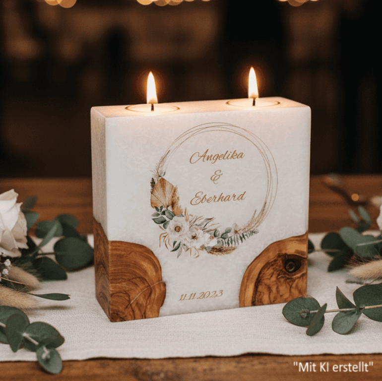 "Rustica Kranz" Hochzeitskerze mit 2 Holzelementen und 2 Teelichter 20 x 20 cm