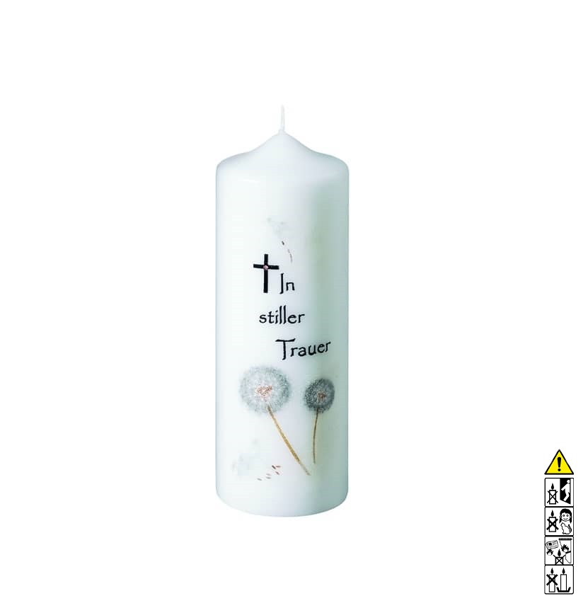 Gedenkkerze weiss In stiller Trauer Pusteblumen 200 x 70 mm Eine edle Kerze für die Trauer und zum Gedenken weiss In stiller Trauer Pusteblumen 200 x 70 mm