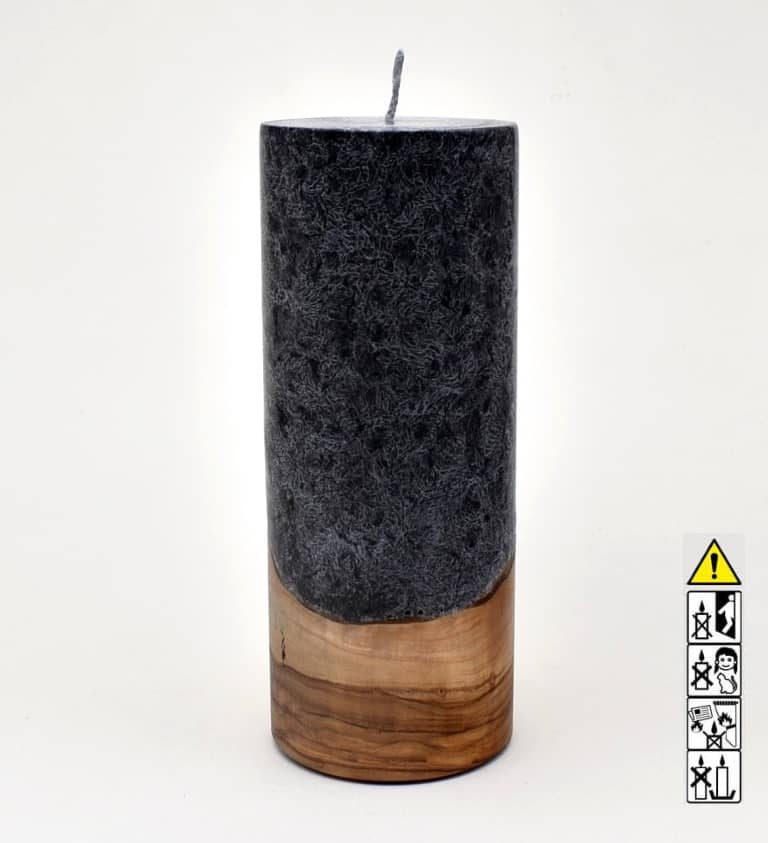 Kerze mit Holz Unikat Rund 80 x 200 mm mit Docht in schwarz