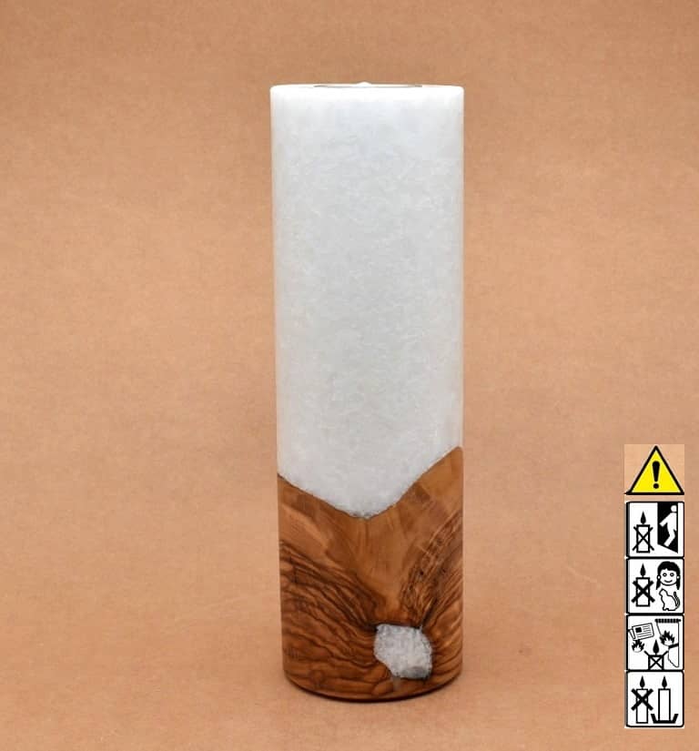 Kerze mit Holz. Individuelle runde Hochzeitskerze mit Holz aus Stearin. Kerze 80x250mm mit Holzelement, Individuelle, persönliche Hochzeitskerze  Holzkerze, Rund Stearinoptik, Hochzeitskerze mit Teelicht im Kerzen online Shop für Hochzeiten bestellen, günstig kaufen.