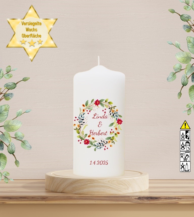 Personalisierte Hochzeitskerze "Blumenkranz" 20 cm Personalisierte Hochzeitskerze "Blumenkranz" 20 cm