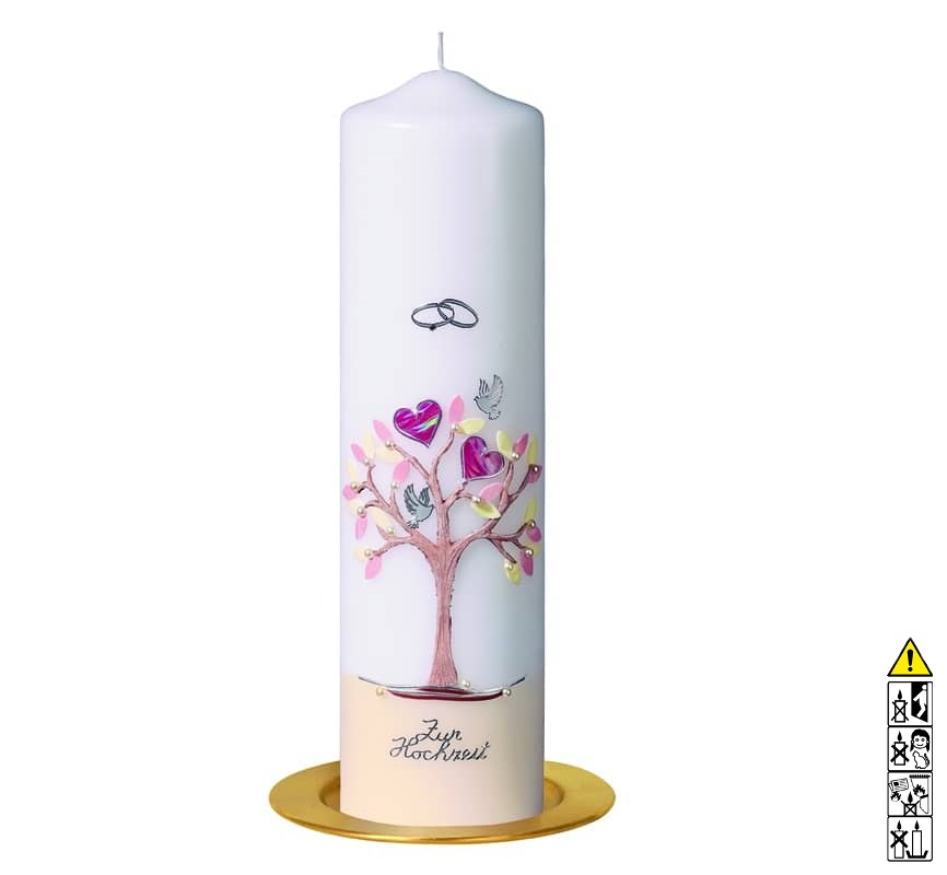 Hochwertige individuelle Hochzeitskerze für die Trauung Lebensbaum mit Herzen Rundkerze Rand beige 300 x 80 mm