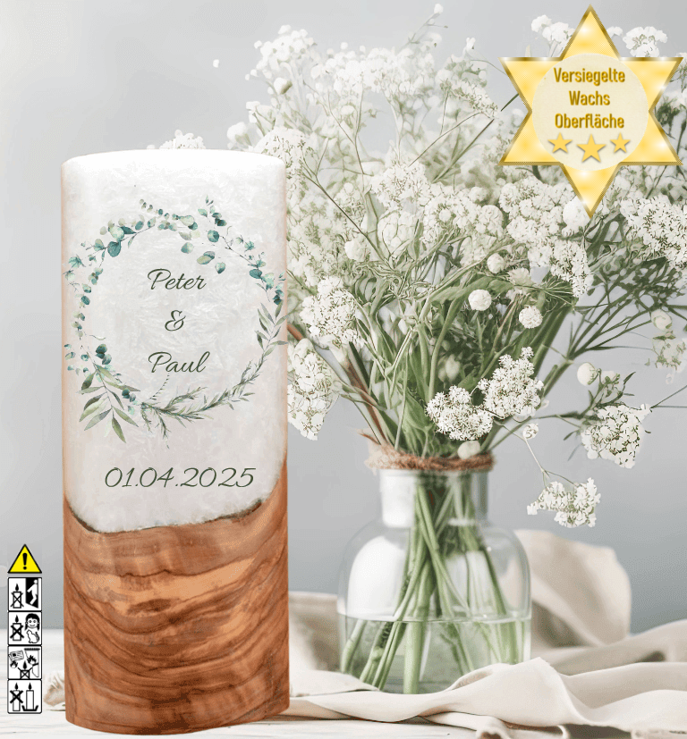 "Eukalyptuskranz 3" Hochzeitskerze mit Holzelement 25 cm hoch "Eukalyptuskranz 3" Hochzeitskerze mit Holzelement 25 cm hoch