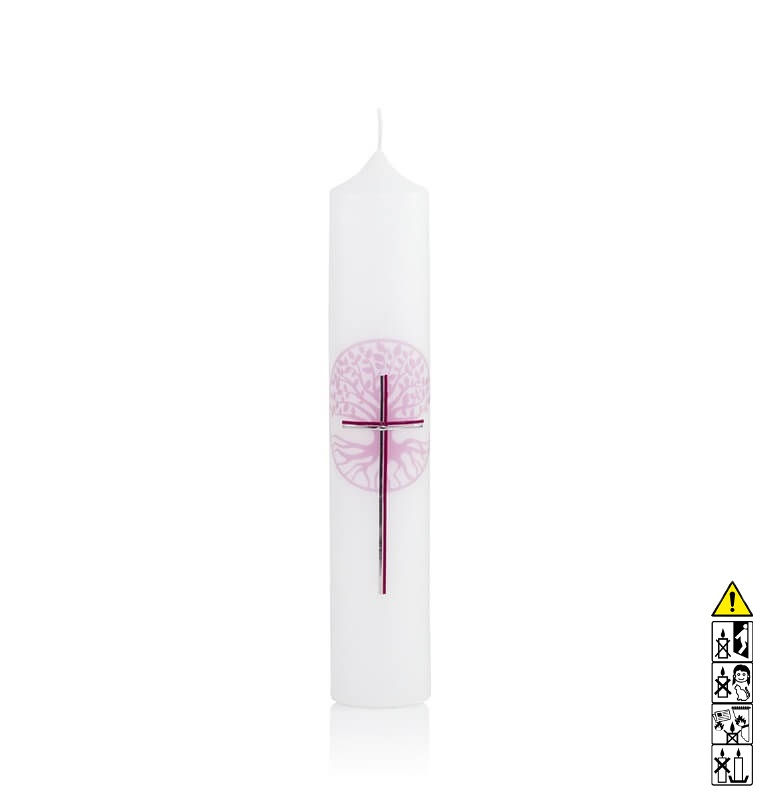 Taufkerze Mädchen Kreuz Lebensbaum in rosa Hochwertige Taufkerze Mädchen Kreuz Lebensbaum in rosa 265 x 50 mm