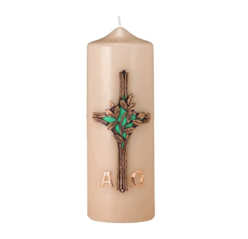 Eine edle Kerze für die Trauer und zum Gedenken champagner Kreuz Bronze Türkis 200 x 70 mm